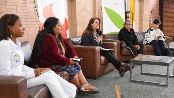 Panel discussion on the peace process in Colombia with (from left) Nidiria Ruiz Medina, Blanca Ligia Bailarín, Laura Chacón, Luz Mary Cartagena Ceballos, and Montserrat Solano Carboni. Photo: LWF/Eugenio Albrecht