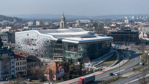Aerial view of the city of Kraków, Poland, including the ICE congress centre. Photo: LWF/Albin Hillert