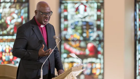 LWF President Archbishop Dr Panti Filibus Musa preaches at the Parish of the Lord's Resurrection in Katowice as part of their participation in the LWF Thirteenth Assembly. Photo: LWF/Albin Hillert